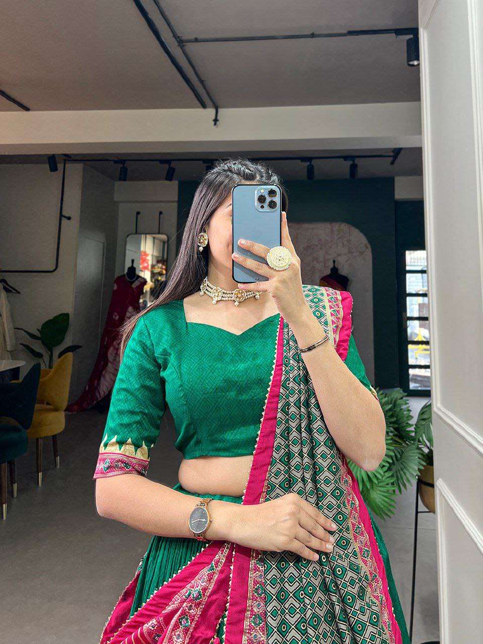 Women's Stitched Ethnic Lehenga Choli with Zari Border and Contrast Dupatta - Image 7