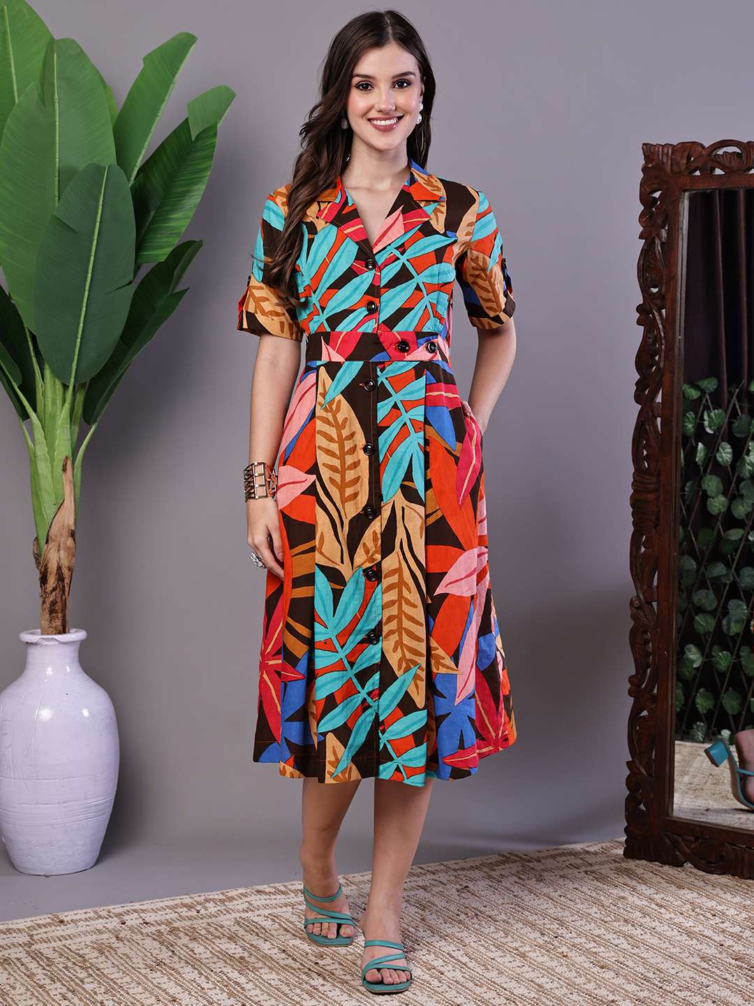 Women's Leaf Print Button-Down Cotton Midi Dress