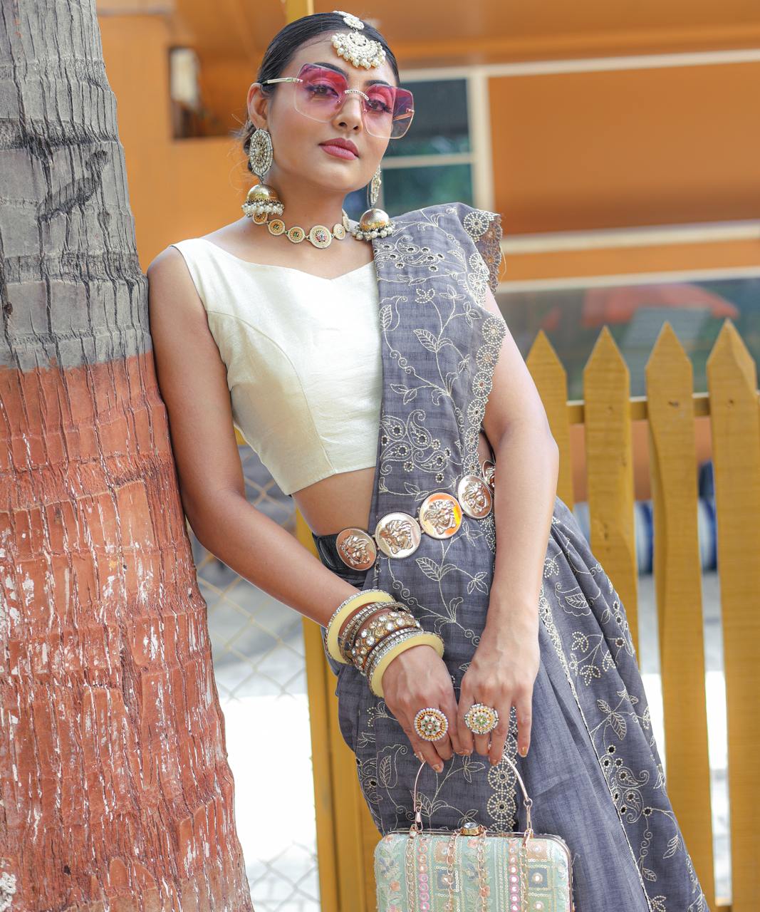Women's Royal Prussian Blue Georgette Saree with Intricate Silver Thread & Mirror Work Embroidery – Perfect for Festive & Wedding Celebrations - Image 15